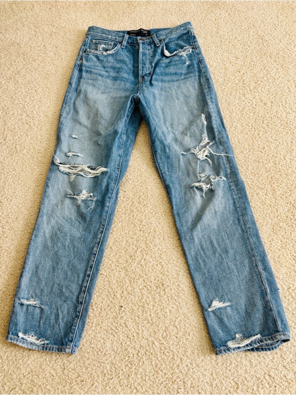Veronica Beard Straight Leg Blue Jeans with Brass Button